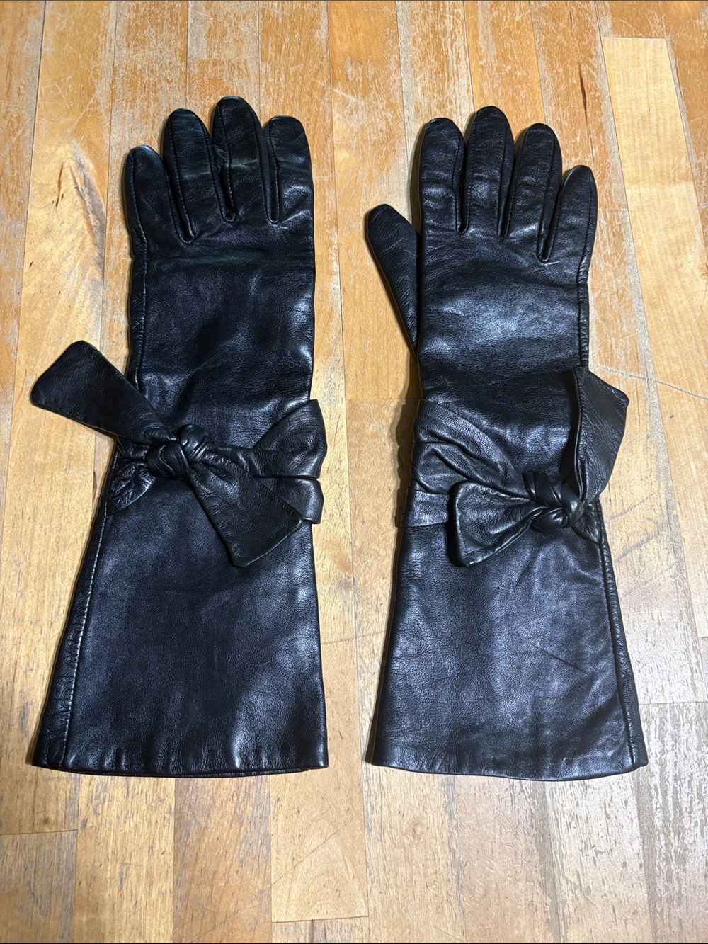 Danier Black Long Leather Gloves with Knot Bow